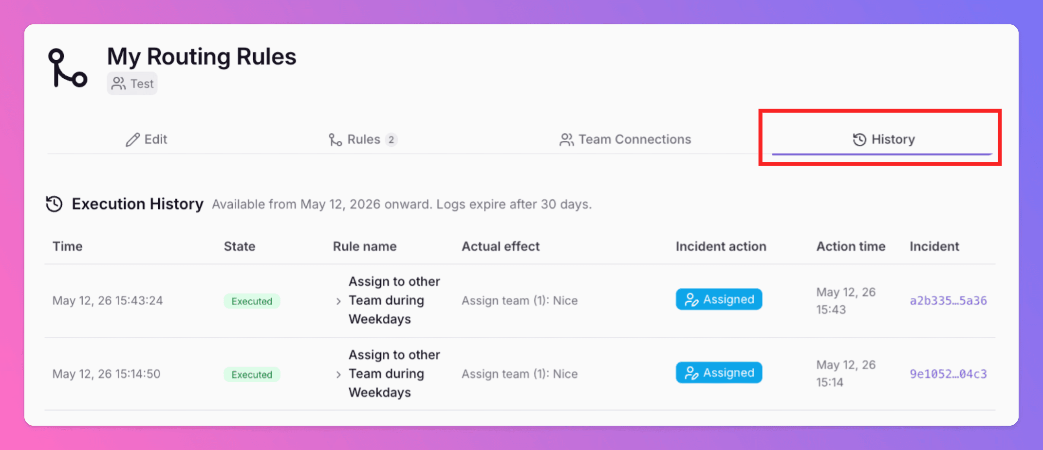 Routing Logs and Execution History